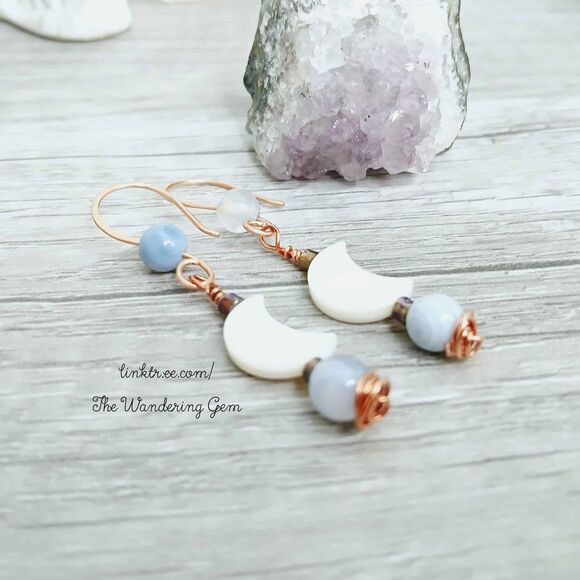 BOGO EARRINGS Crescent Moon Blue Lace Agate Crystal Beaded Dangle Earrings 2" - Picture 2 of 5